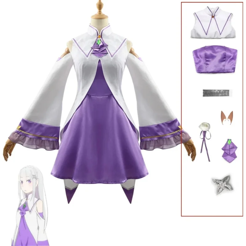 CyRe Zero Kara Hajimeru Isekai Seikatsu 에밀리아 코스프레 의상 할로윈 파티를위한 머리 장식이있는 여성 드레스