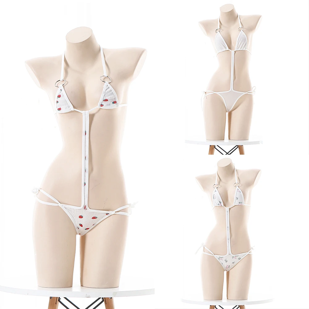 Hohler Ring-Neckholder-Bikini für den Urlaub für den Urlaub, floraler Urlaub, Polyester, einfarbig, Erdbeer-Urlaub