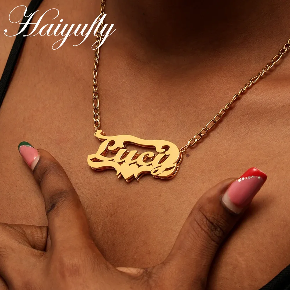 Haiyufly Custom Double Name Plate Necklace for Women Personalized Stainless Steel Jewelry Choker Figaro Chain Birthday Gift
