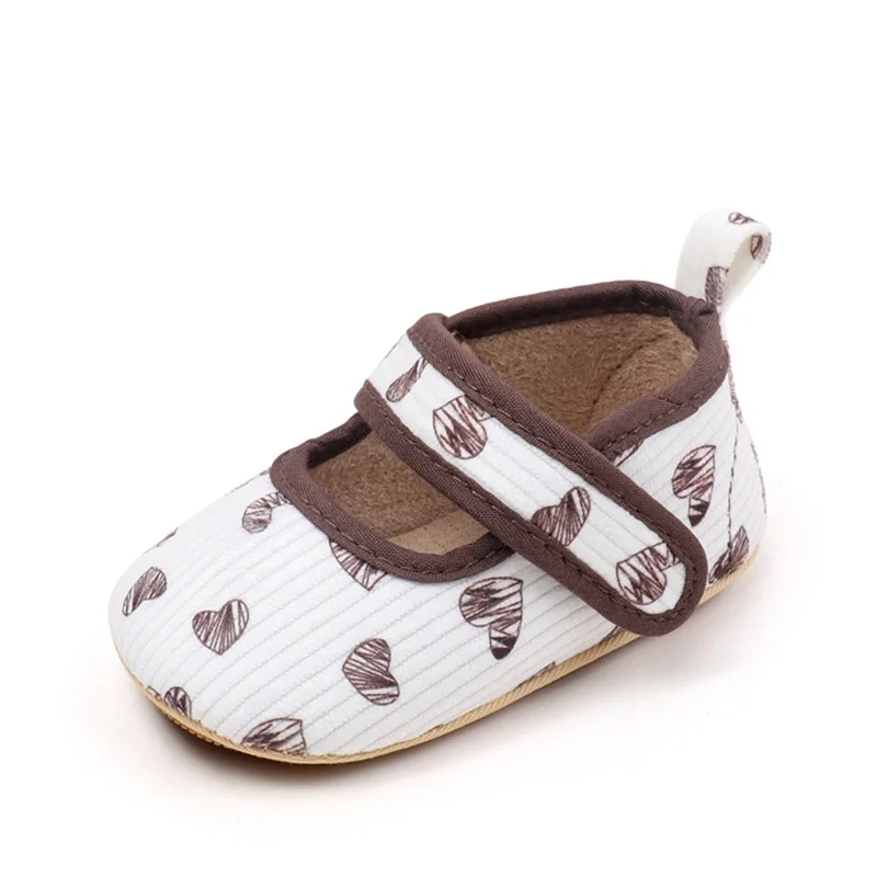 영유아 여아 메리 제인 플랫, 클래식 하트 프린트 공주 원피스 신발, 미끄럼 방지 신생아 침대 신발