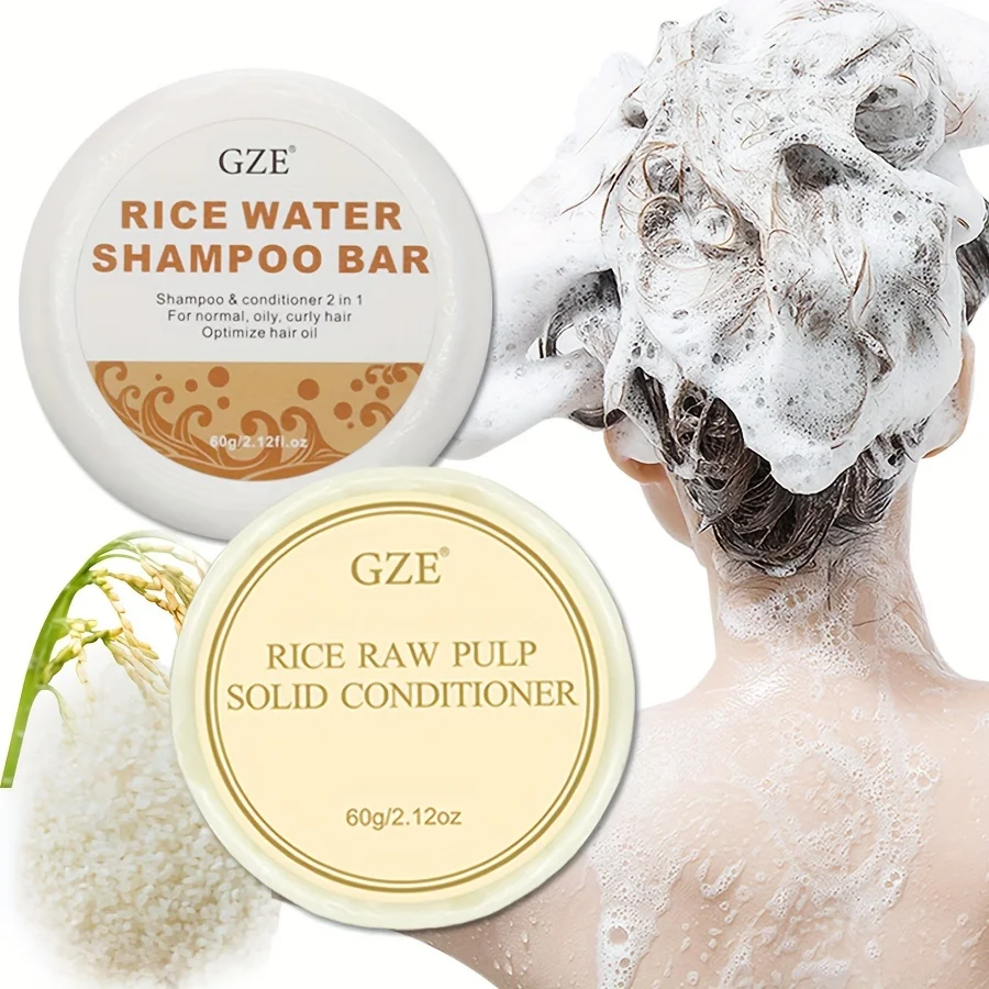 GZE-Barra de champú de agua y arroz, acondicionador sólido para fortalecer el cabello, ayuda a hidratar el cabello seco