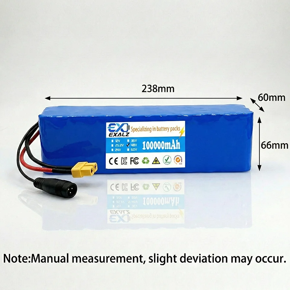 48V E-Bike Battery 13S3P 100Ah 18650 Rechargeable Lithium Pack for Electric Scooter Bicycle 1000W BMS + 54.6V Charger