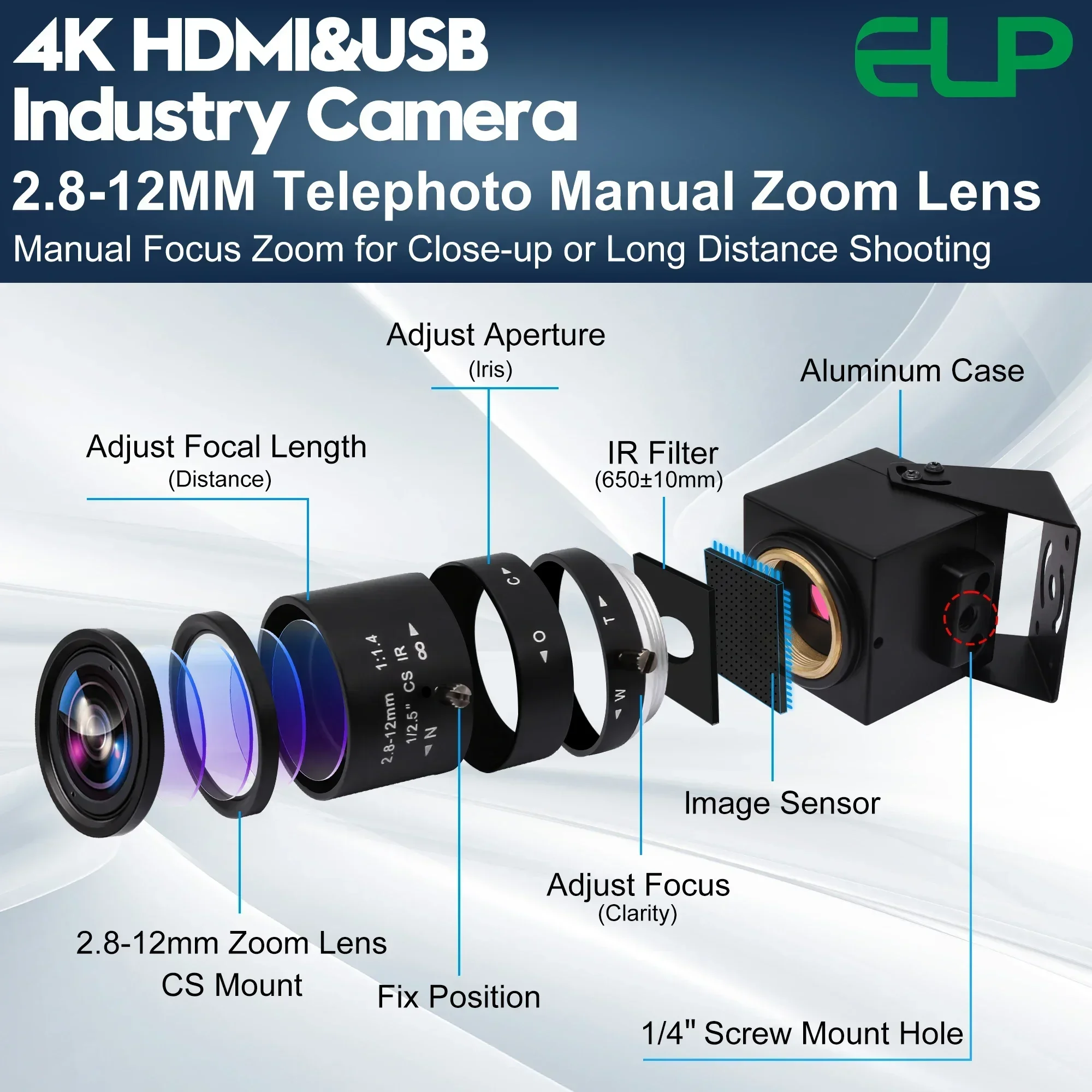2026 Premium ELP 4K HD-MI USB Camera IMX415 3840*2160  H.264 H.265 Manual Zoom Industrial USB Security Camera For Windows Androi