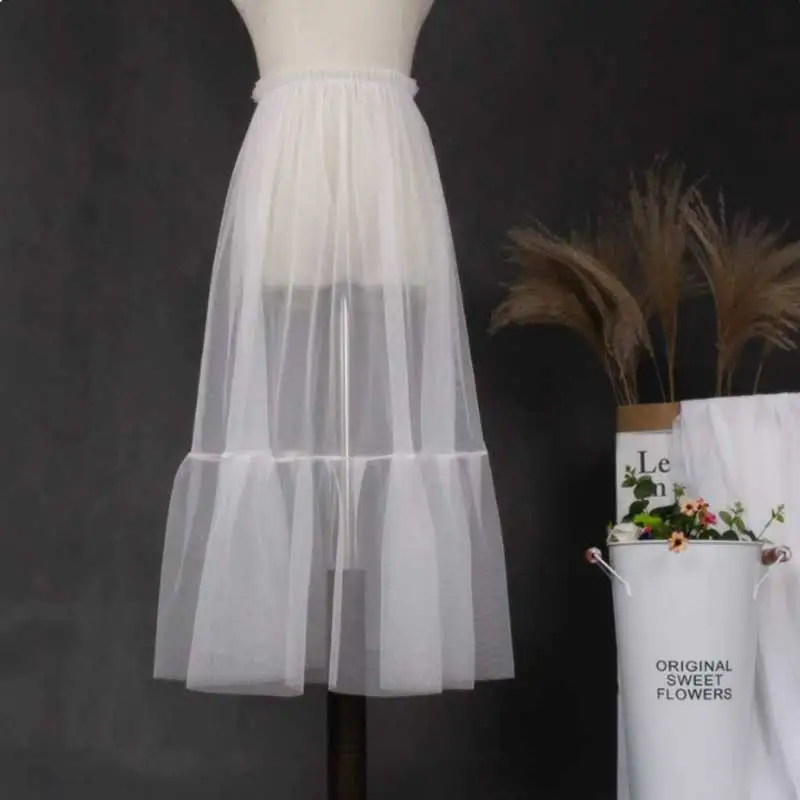 Women Korean Fashion Mesh Transparent Tulle Skirt Ladies Summer Black White Elastic High Waist Cover Up Midi Skirt