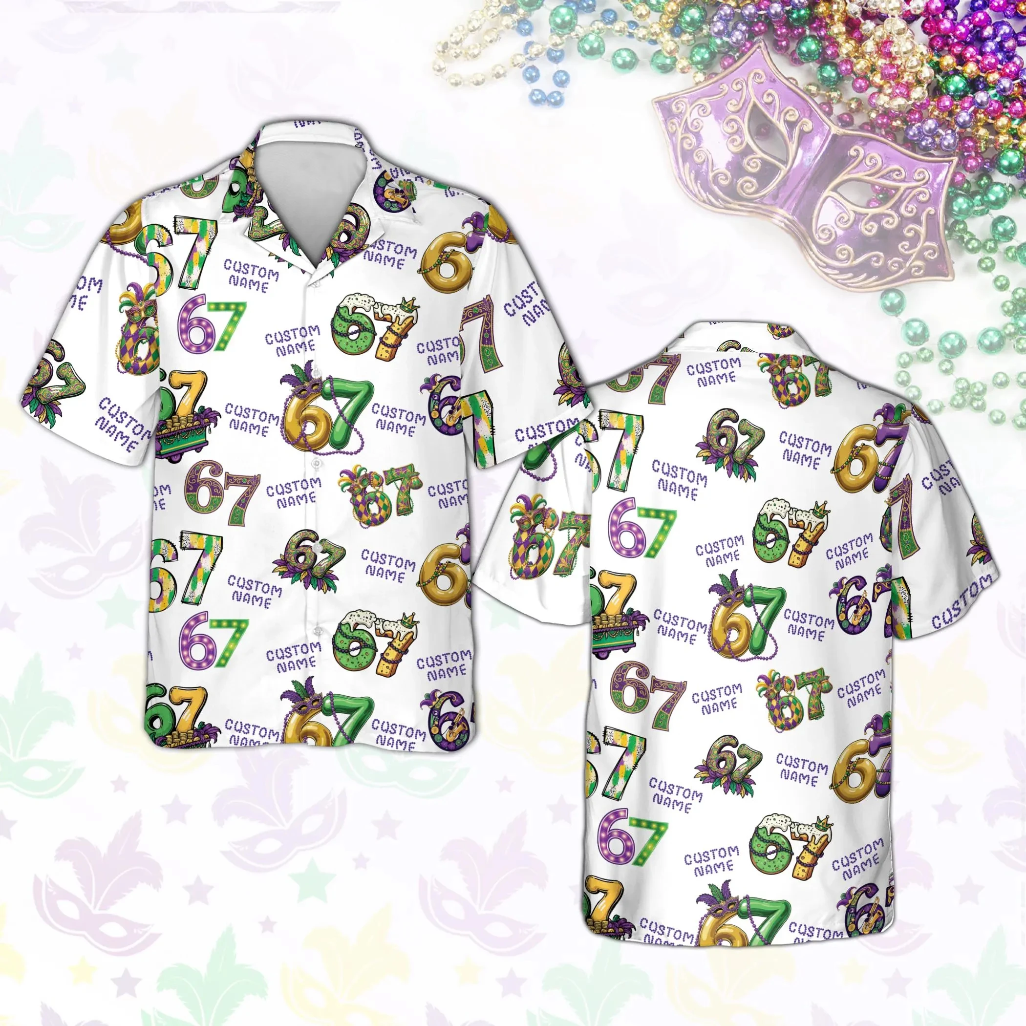 

Custom Name Six Seven Mardi Gras Hawaiian Shirt, Personalized 67 Beads Aloha Top, New Orleans NOLA King Cake Carnival Squad Gift