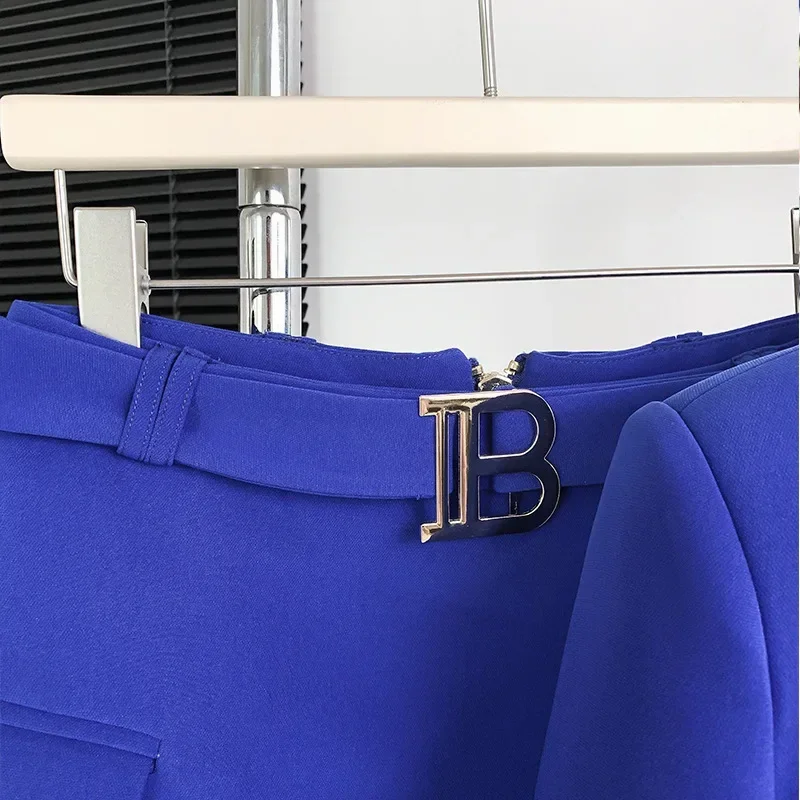 Blazer formel et pantalon en coton pour femme, ensemble bleu royal imbibé, bouton unique, coupe couvertes, vêtements de travail d'affaires, veste de bureau, manteau pour femme