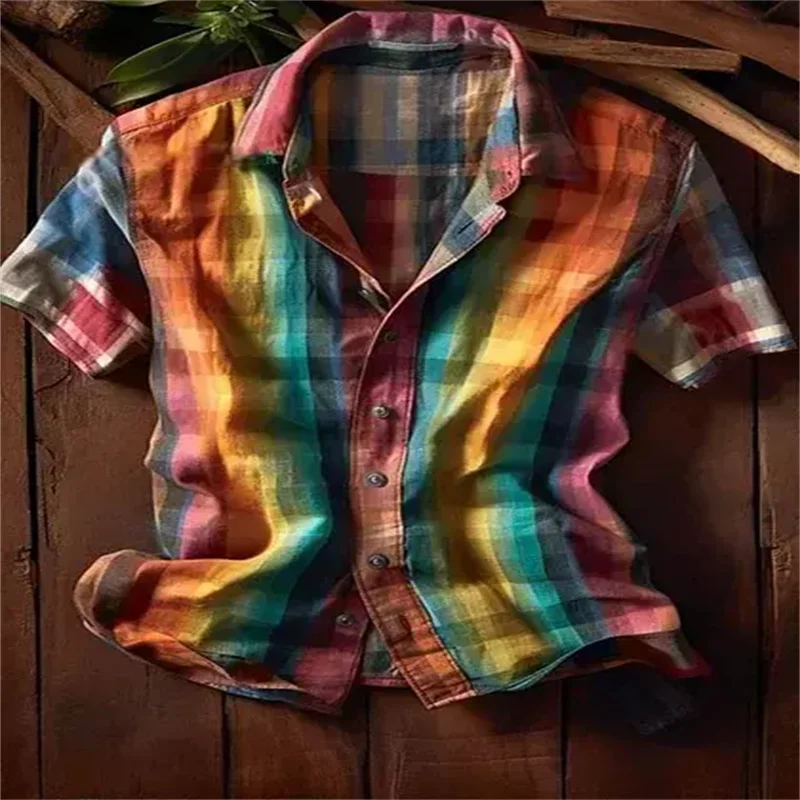 

Men's colorful plaid Hawaiian shirt, oversized 3D shirt, short sleeve, casual, simple button down plaid shirt, beachwear, summer