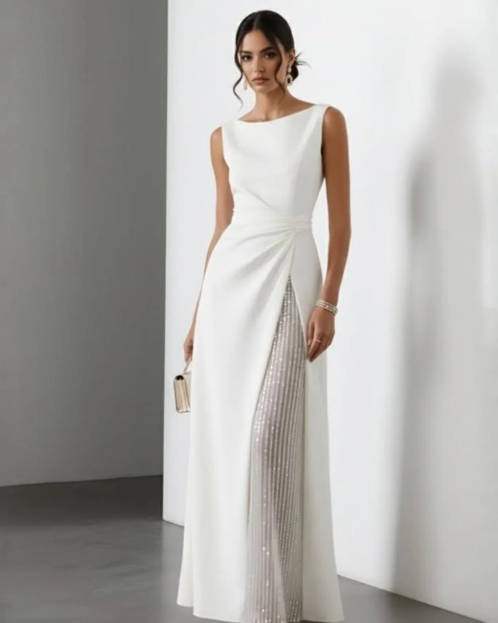 Maßgeschneiderte formelle passende Jersey-Kleider, drapiert, mit Perlen verziert, Pailletten, A-Linie, U-Ausschnitt, lange Kleider, Abendkleider, exquisite hohe Qualität