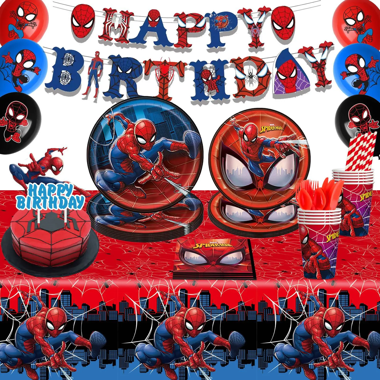 Spiderman Birthday Party Decorations Tableware Balloons Backdrop Plates Cups Napkin Kit Spiderman Theme Deco Child Supplies Set