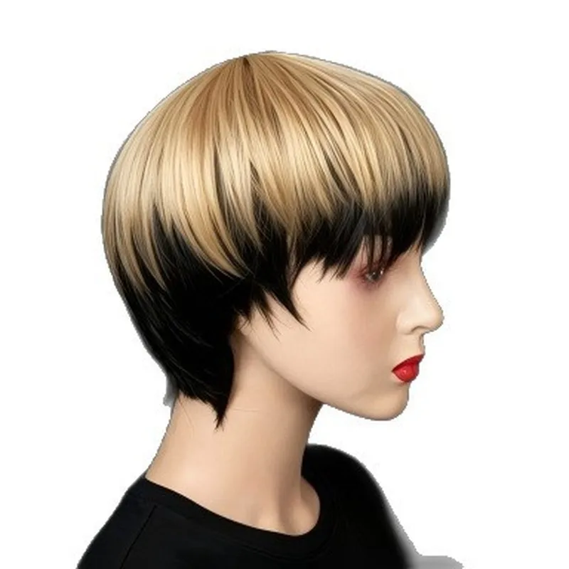Cross-border best-selling short straight wig with bangs, featuring a yellow-to-black ombre color and made of synthetic fibers, a