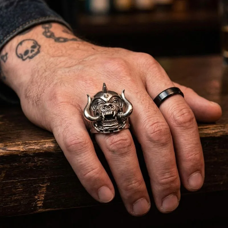 Buy 4 Get 1 Free Awesome Mens Silver Rings brutal lines of the skull and tusks are steeped in heavy metal soul with rivet studs