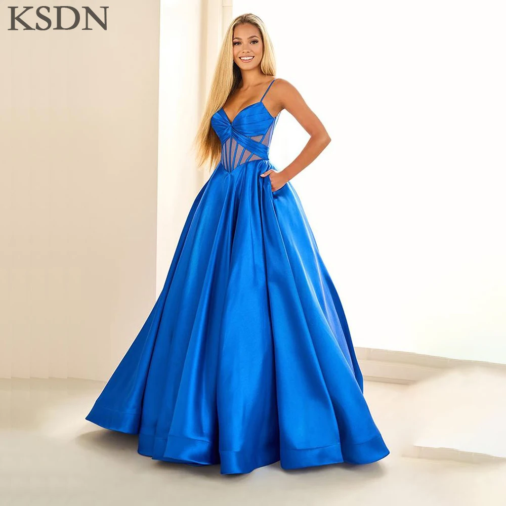 

KSDN Luxury Blue Evening Dresses Sexy Spaghetti Strap Sleeveless Draped Gowns Special Occasion A-Line Gowns Vestidos