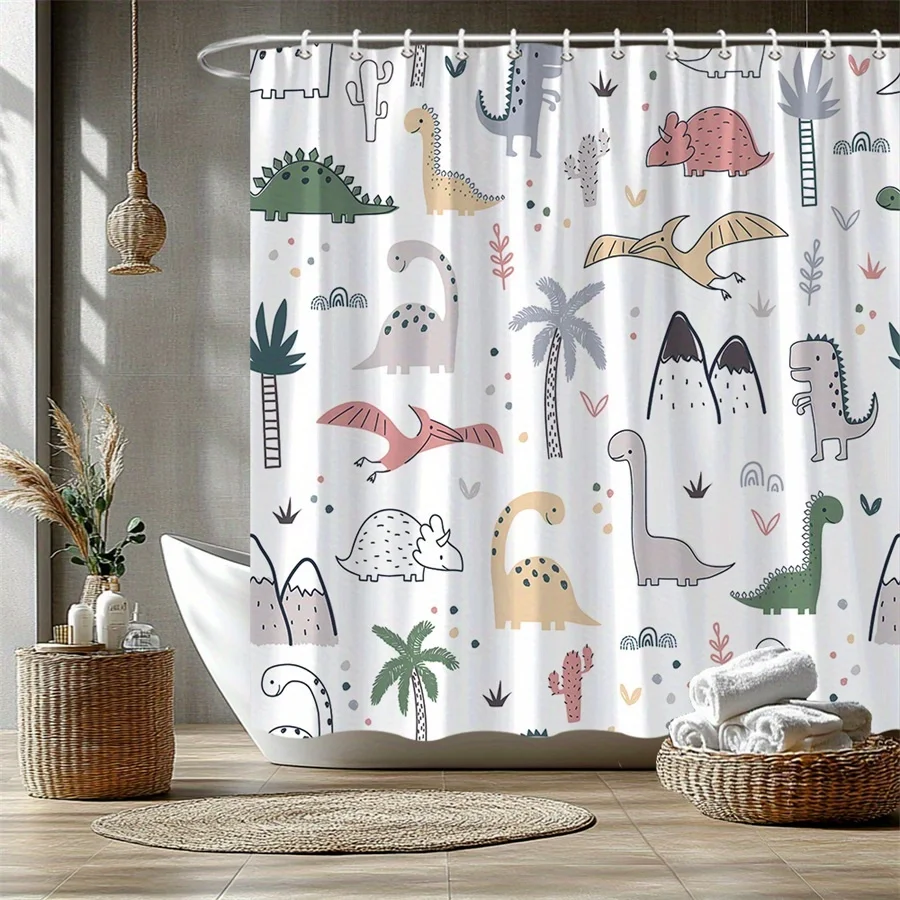 

Милая занавеска для душа с изображением динозавра и мультяшных животных, 12 крючков, для детской комнаты, декор для ванной, простая установка.