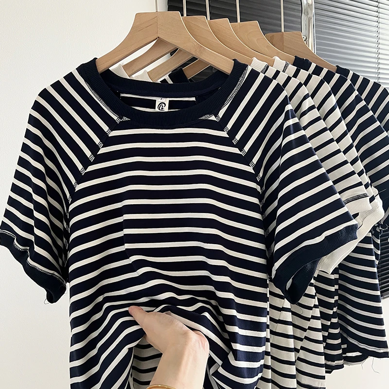 

American vintage striped short sleeve t-shirt women summer 2024 new design niche backless cotton short bottoming shirt top ins