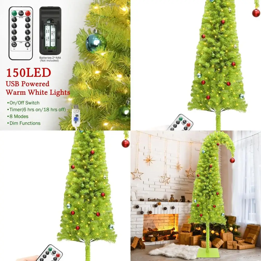 

6-футовая гибкая лаймово-зеленая рождественская елка с 150 светодиодными фонарями, орнаментными шарами и металлической основой для праздничного декора дома или офиса