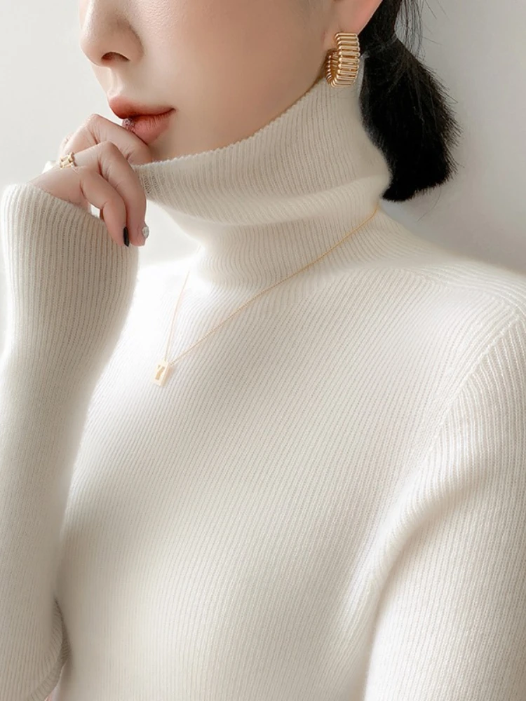 New Autumn Winter Soft Turtleneck Cashmere Knitted Sweater Korean Style Slim Fit Solid Color Basics Pullovers