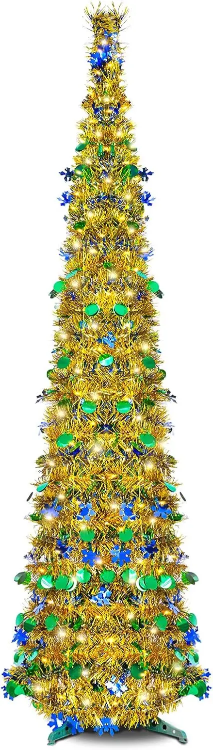 

5FT Pop Up Christmas Tree with Lights, Gold Tinsel Pencil Tree for Indoor Holiday Decor