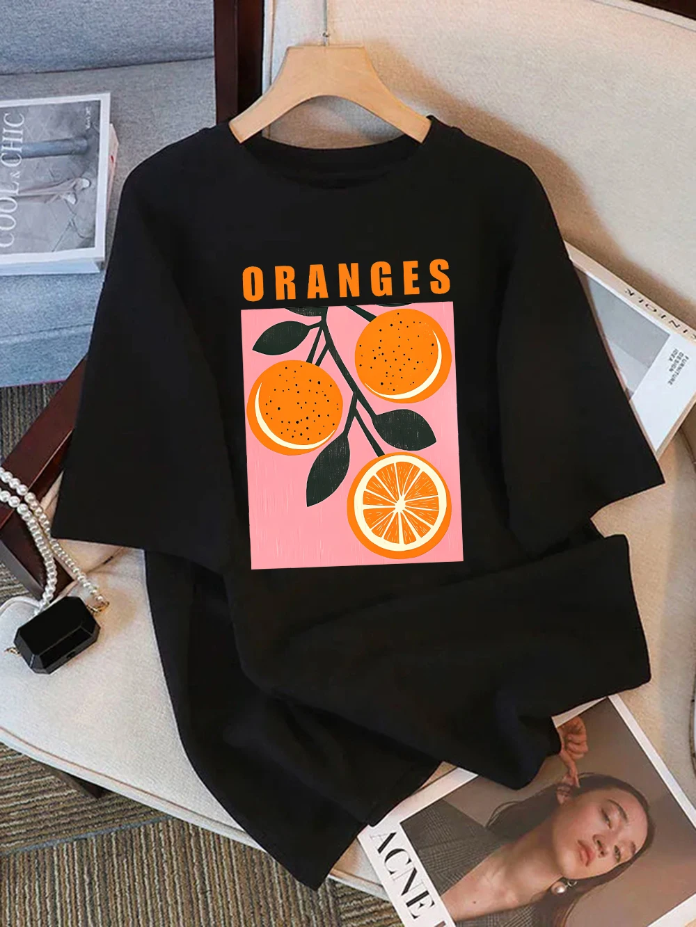Camiseta feminina de algodão verão frutas laranjas impressão manga curta camisetas soltas o pescoço macio confortável topos roupas casuais mulher