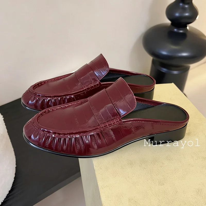 Half Slipper Women Genuine Leather Pleated Design Closed Toe Low Heel Mules Spring Summer Casual Versatile Single Shoe lazy Shoe