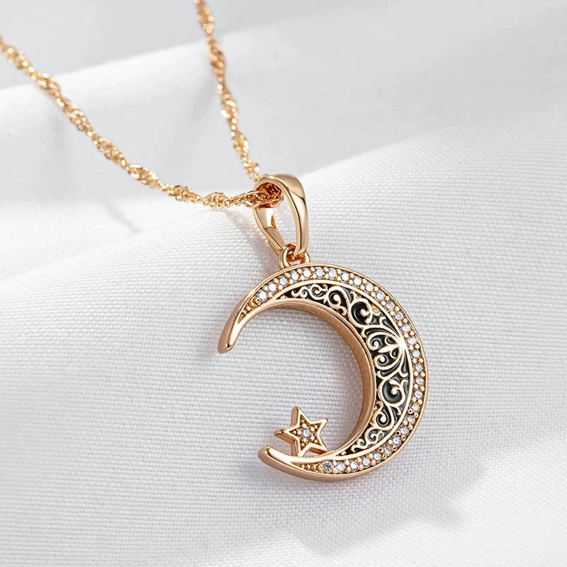 Wbmqda 585 Rose Gold Color Unikalny naszyjnik z czarną emalią Księżyc i gwiazda dla kobiet z błyszczącym kamieniem CZ Modny łańcuszek na szyję