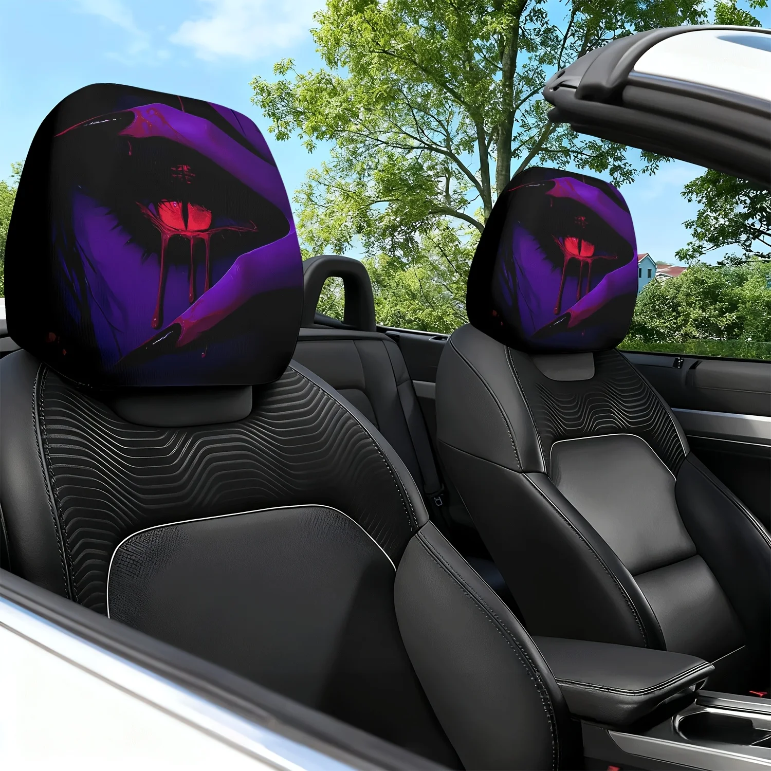 2pcs Mysterious Character with Purple Eyes and Red Eyes Themed Printed Car Seat Cushion Headrest Neck Pillow Cover - Cute Desi