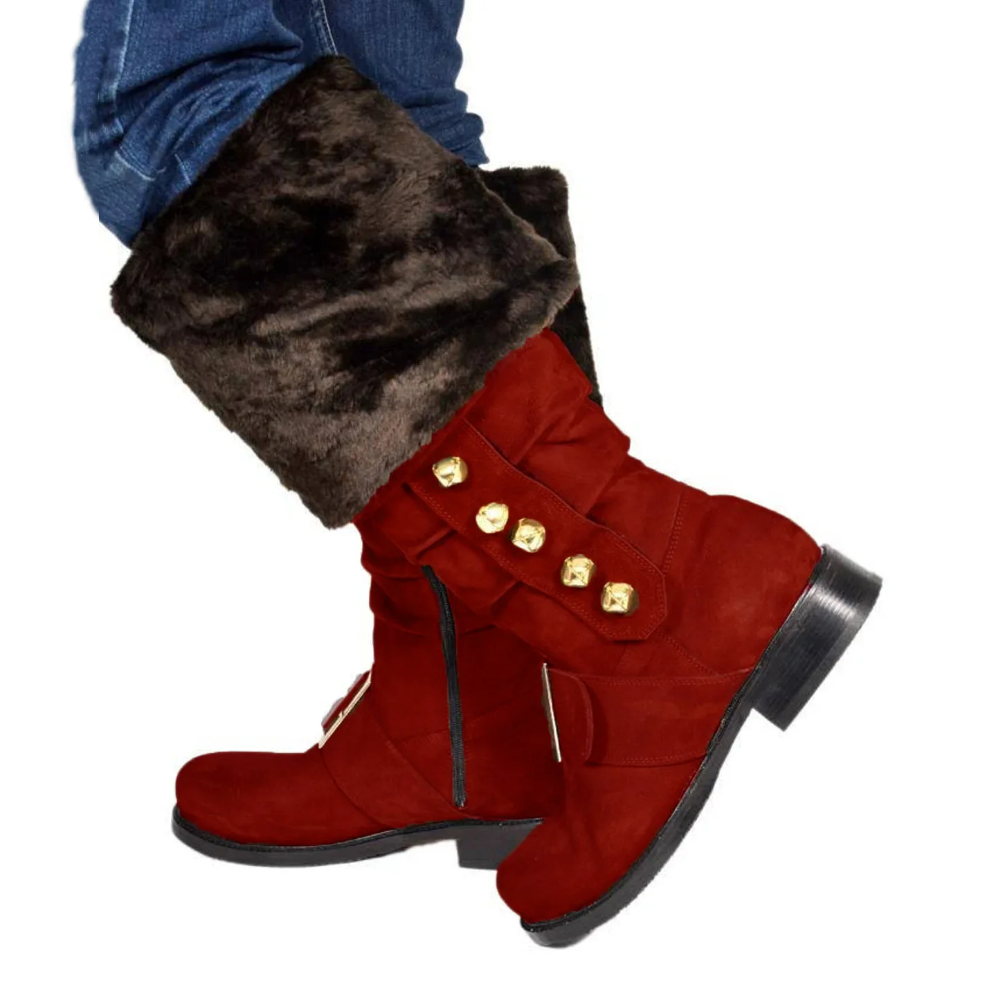 Herren Weihnachts-Weihnachtsmann-Stiefel mit Weitem Schaft, Kampfstiefel mit Weißem Plüschfellbesatz und Goldener Schnalle für Halloween-Cosplay-Kostüm – Detail 11