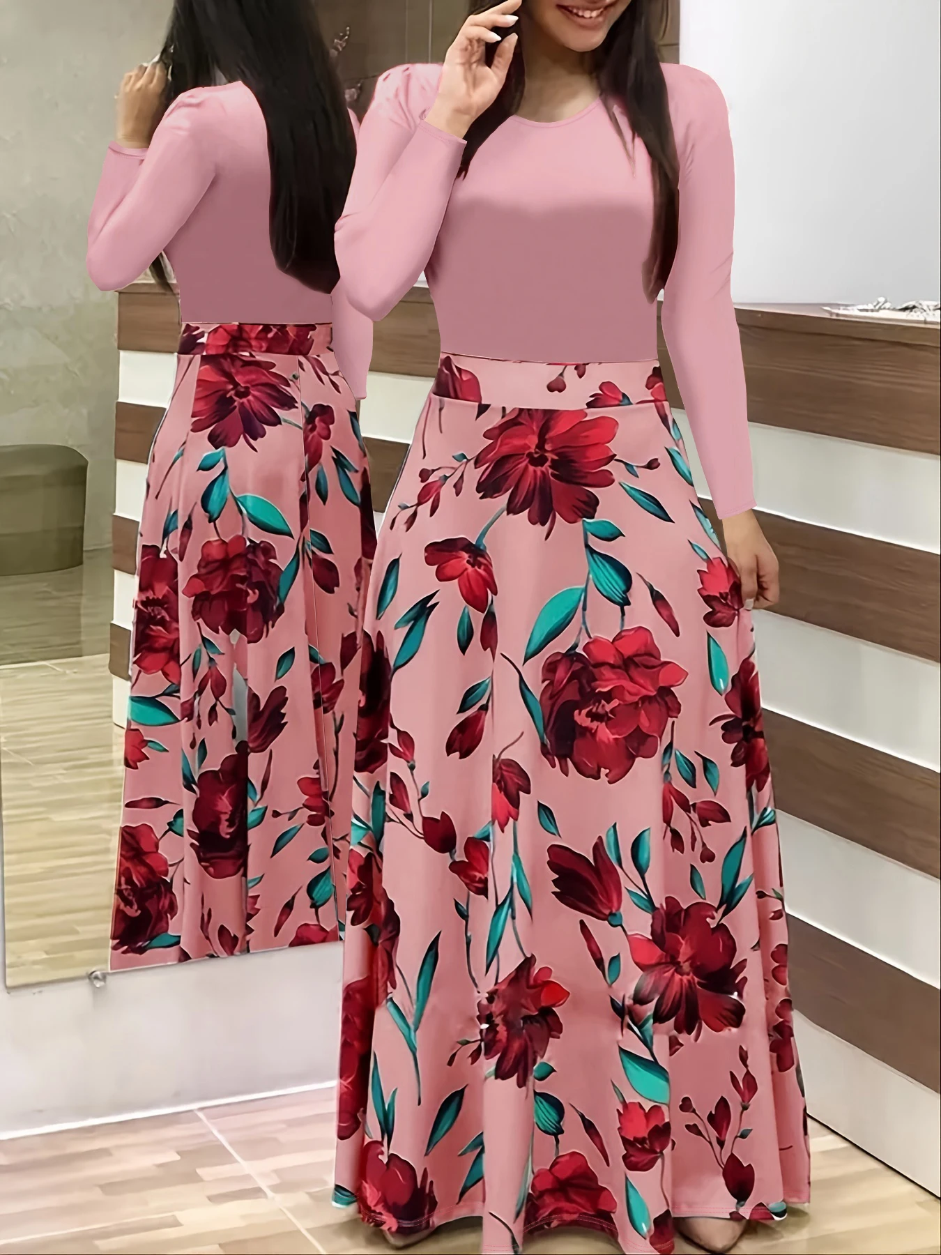 

Plus Size Women's Dress Flower Print Round Neck Long Sleeve Elegant Dress