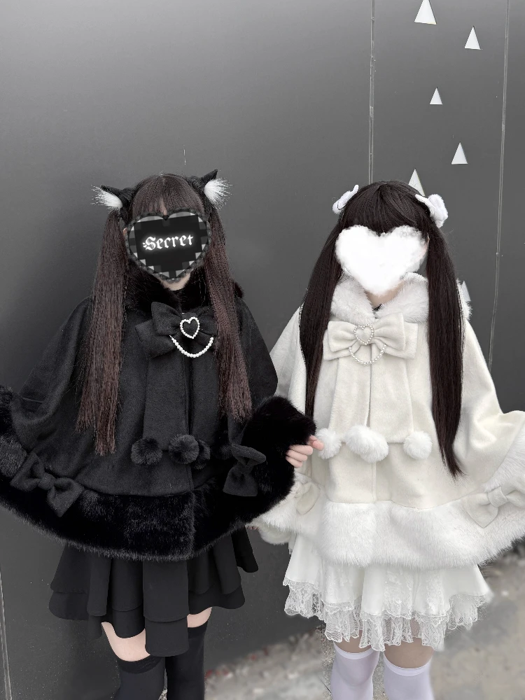 Winter New Japanese Lolita Cloak Overcoat Women Design Bow Hooded Patchwork Kawaii Cope Coat Harajuku Warm Sweet Fur Collar Coat