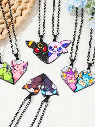 2-piece cute Eevee cartoon pendant necklace with heart patchwork, anime-style metal necklace