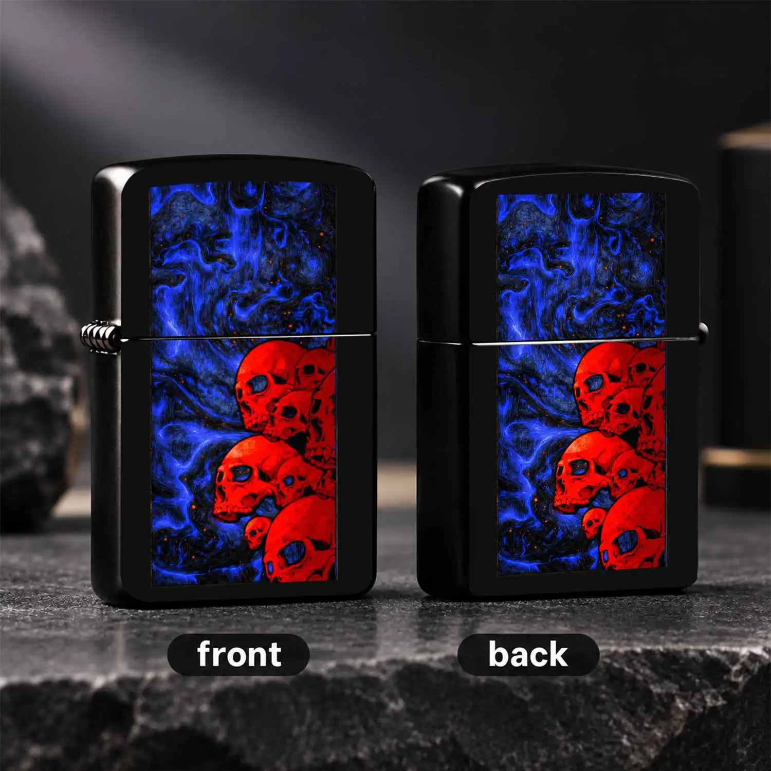 Creative Lighter With Swirling Blue Flame Vivid Red Skull Art Pattern Cool Dark Aesthetic Accessory Ideal For Daily Gathering Outdoor Multi Scenarios Exquisite Unique Design Perfect Choice For Personal Use Or Gifting Delivers Distinct Eye C