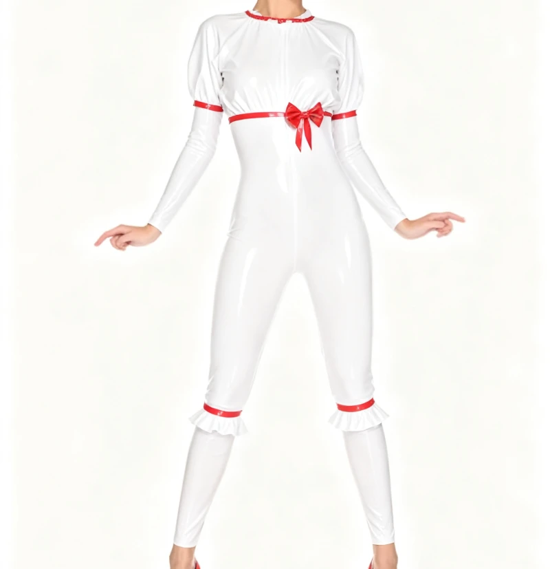 

New Latex Bodysuit Rubber Gummi Catsuit Ganzanzug White&Red Halloween Cosplay Party uniform Club Fashion
