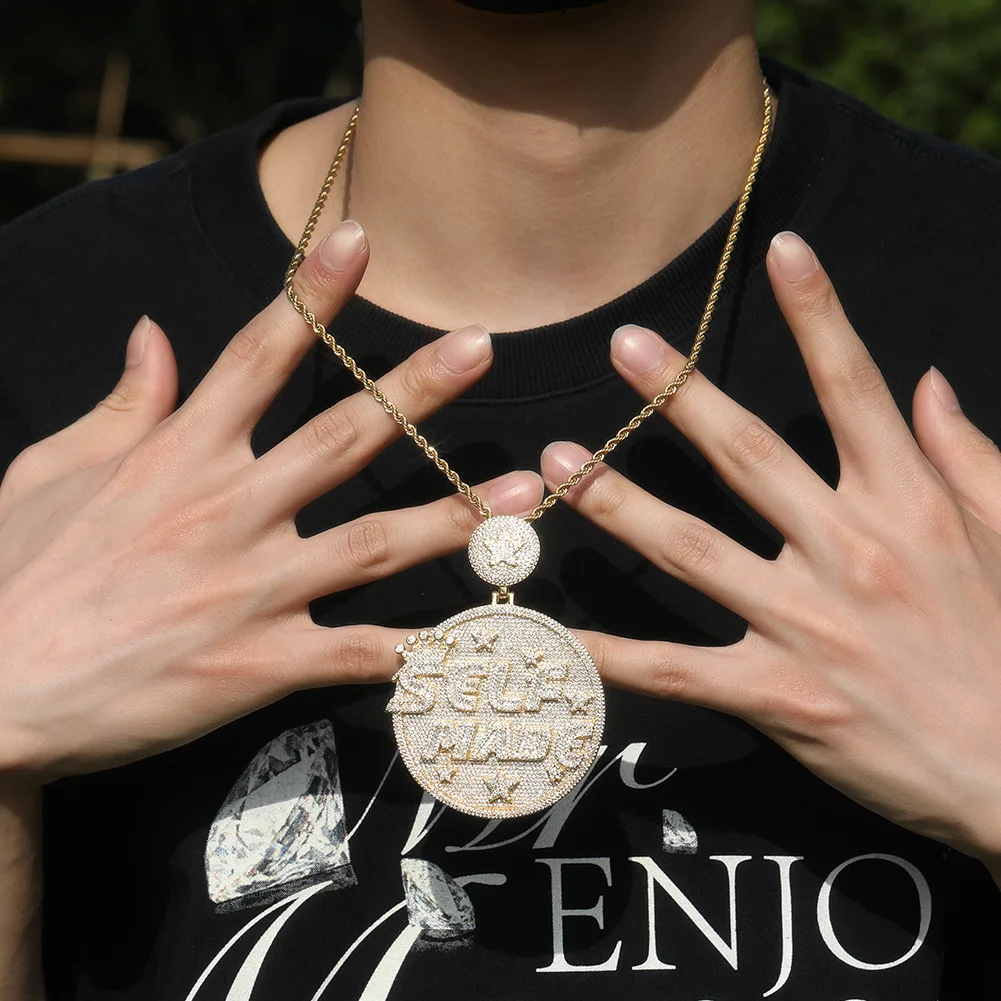

Fashion Big Disc Pendant Personalized "SELF MADE" Nameplate Laser Engraving On The Back Round Letter Necklace Chain Hip Hop Gift