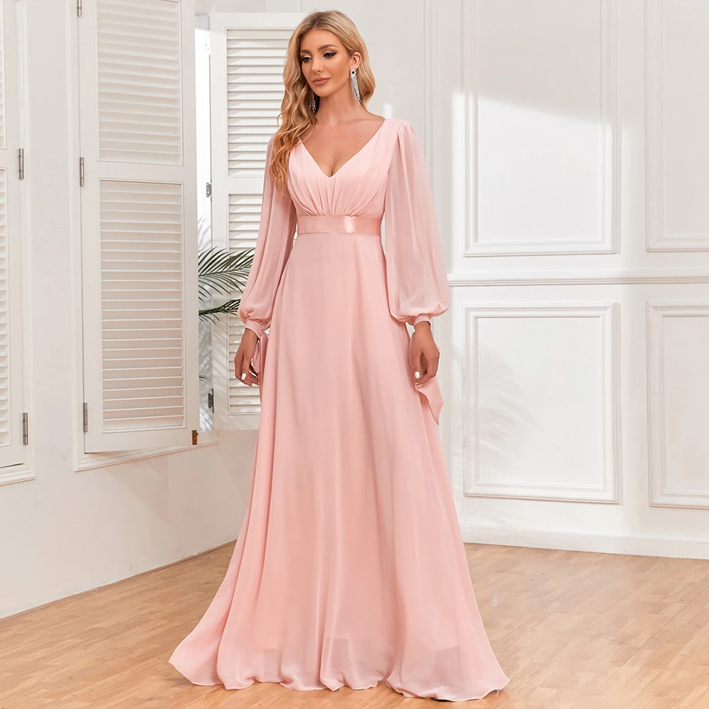 Long Sleeves Pink Evening Dress A Line V Neck Floor Length Chiffon Women Party Gowns 2023 Wholesale Robe De Soiree