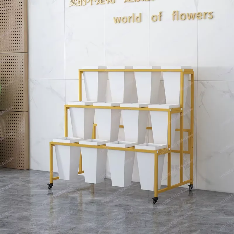 Mobile Flower Display Rack with Wheels Multi-Tier Iron Flower Stand with Plastic Buckets Florist Plant Display Shelf