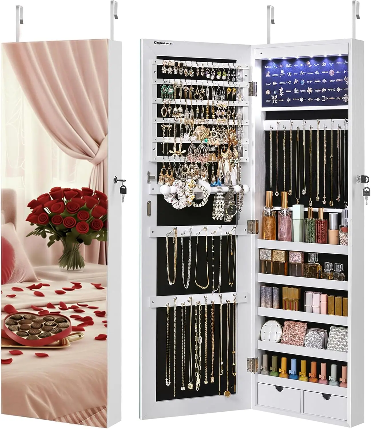 

Wall-Mounted Jewelry Cabinet with LED Lights, Full-Length Mirror, Large Storage Organizer for Necklaces and Earrings