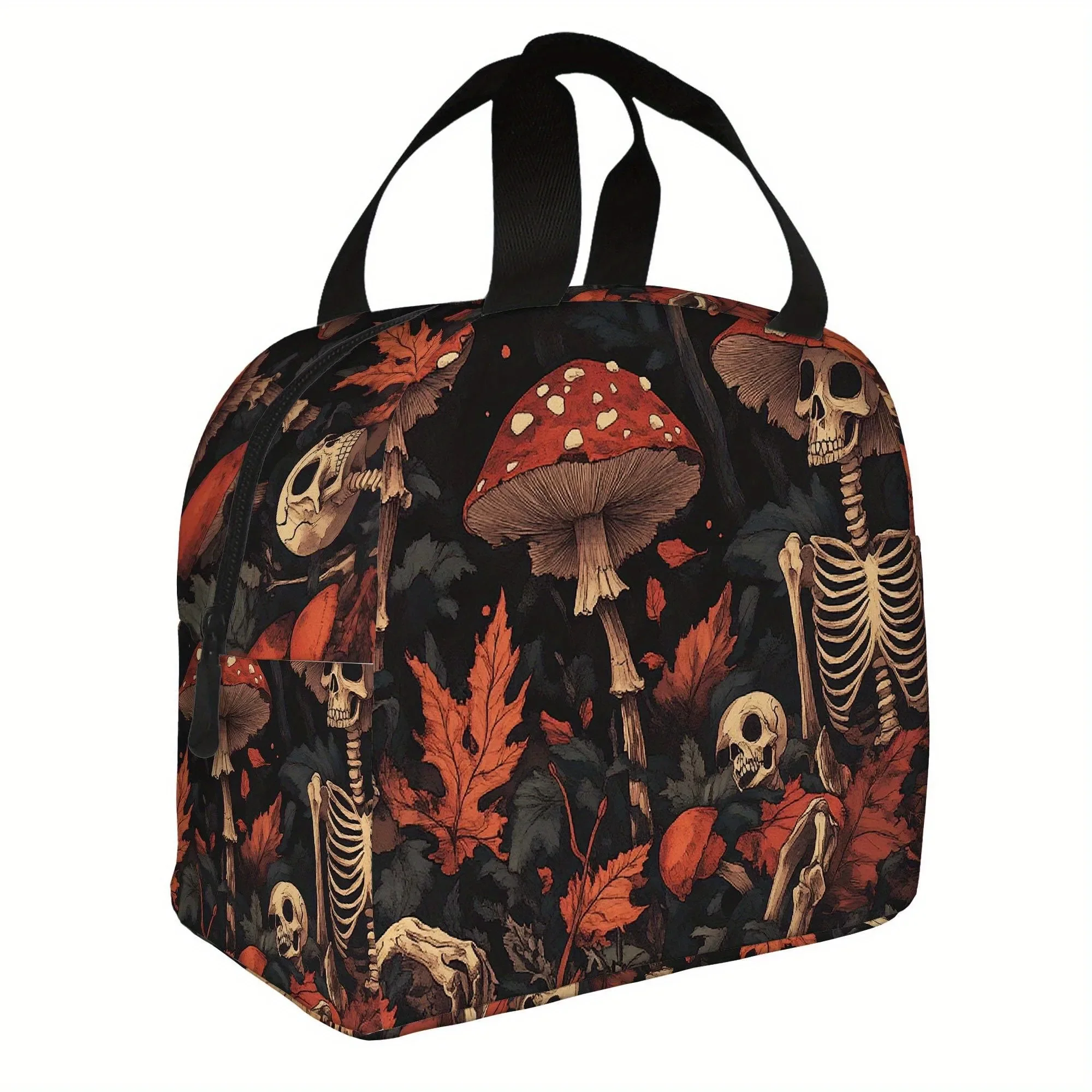 Gothic Forest Skeleton Mushroom Thermal Insulated Tote Bag Reusable for Office Halloween