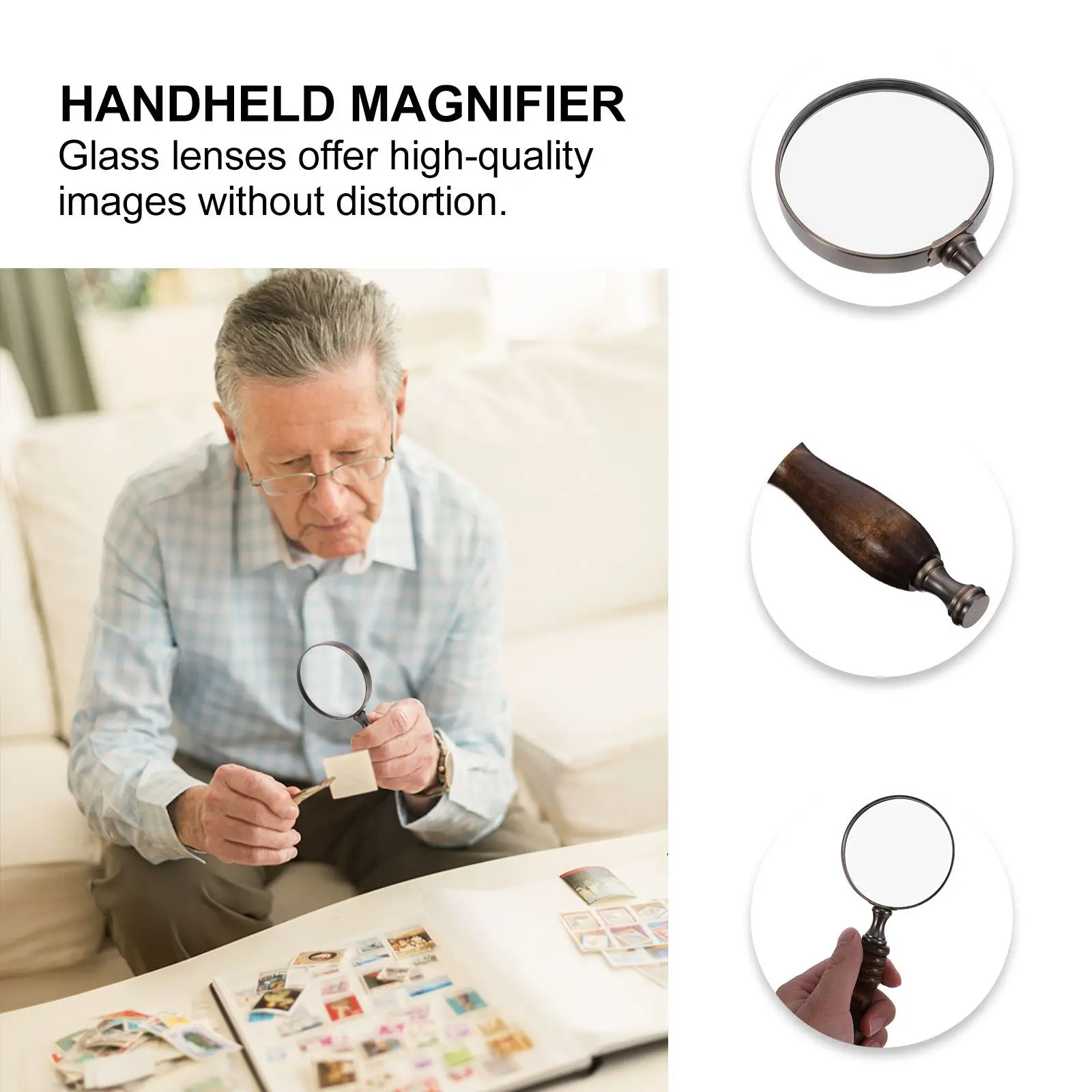 クラシックな手持ち虫眼鏡 レトロスタイルの拡大鏡 読書用 宝石 コイン 科学 自然探検 ポータブル