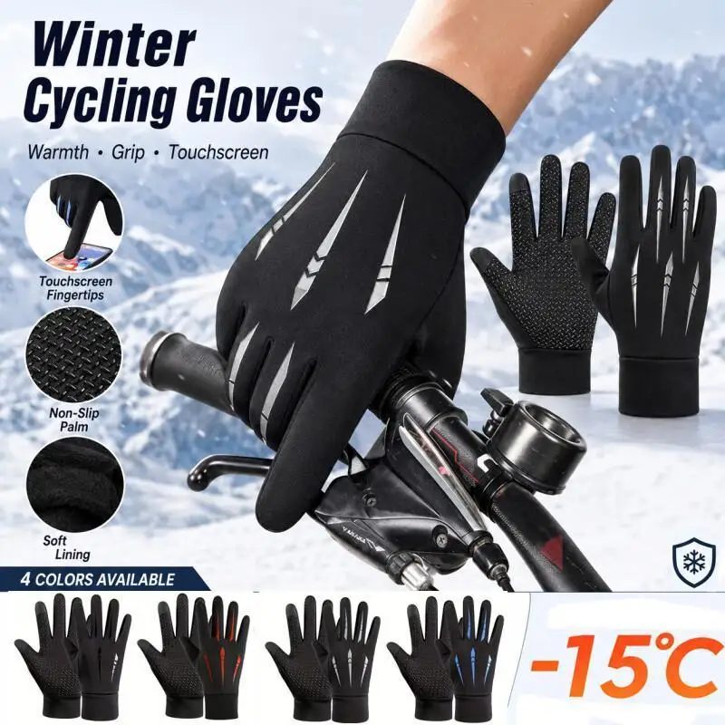 Luvas de Ciclismo de Inverno, Luvas Térmicas de Dedo Inteiro com Tela Sensível ao Toque e Palma Antiderrapante para Corrida, Caminhada e Deslocamento