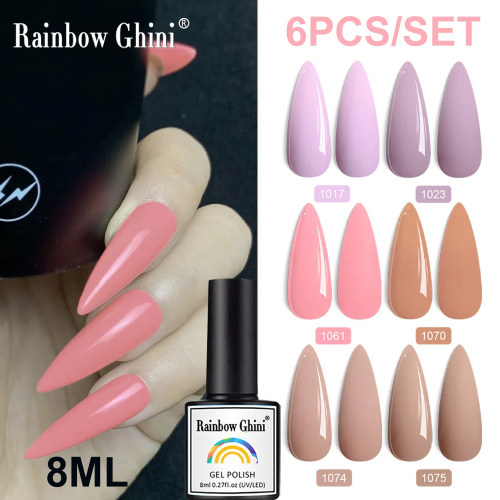 Arco-íris ghini 8ml 6 pçs/set cor roxa série gel verniz embeber uv unha gel polonês rosa glitter unha polonês hema/tpo grátis