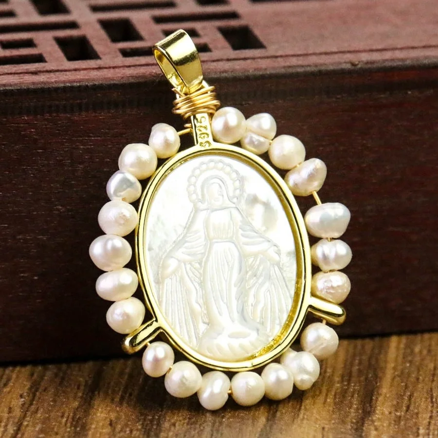 

Real Shell Natural Mother-of-pearl Pendant Virgin Mary Christianity Amulet Pink Luxury Jewelry Findings DIY Necklace Accessories