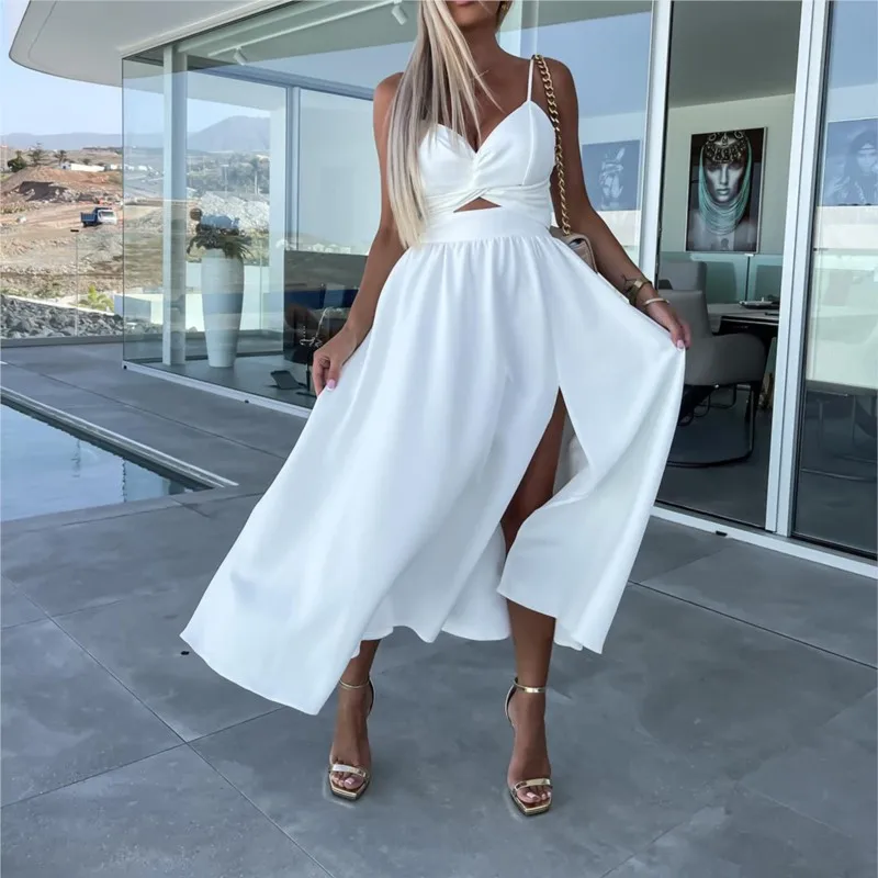 

Women's Spring Summer Long Dress 2026 High Waist Solid Color Slim Side Slit Sexy Hollow out Sleeveless Backless Dresses Vacation