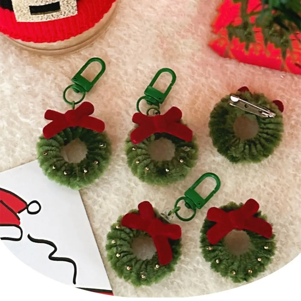 Cute Cartoon Christmas Pendant Red Bow Mini Wreath Keychain New Year Gift Soft Christmas Brooch Hanging Accessory