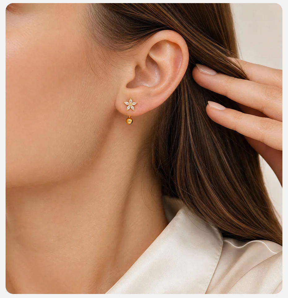 Vnox Vergoldete Elegante Schmetterlings-Stern-Zirkonia-Schraubkugel-C-förmige Ohrringe für Damen, Trendige Ohrringe, Alltagsschmuck, Party-Schmuck, Geschenk – Detail 3