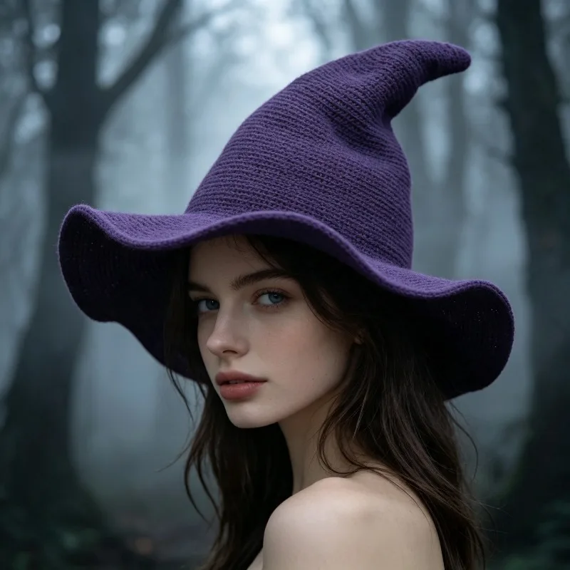 Cute Witch Hat Foldable Pointed Wizard Cap for Women Halloween Cosplay Party Costume
