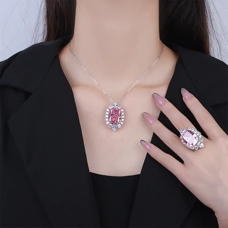 

18K Gold Set with PT950 Platinum High Carbon Diamond Radiant Cut 15*20 Fat Square Pendant Ring Set