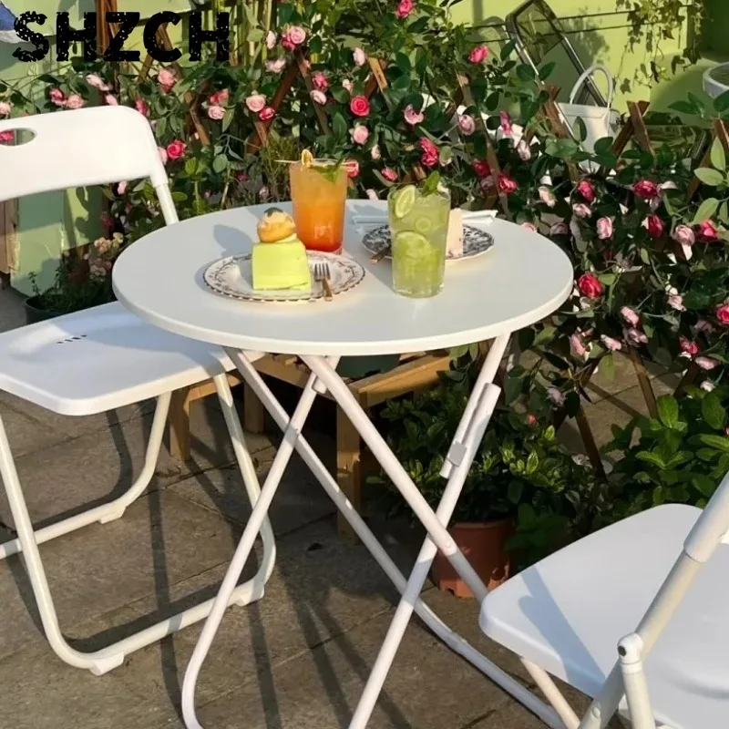 Minimalist round Portable Folding Table with Chairs Set for Cafe Milk Tea Shop - Leisure Discussion Dining Table Set