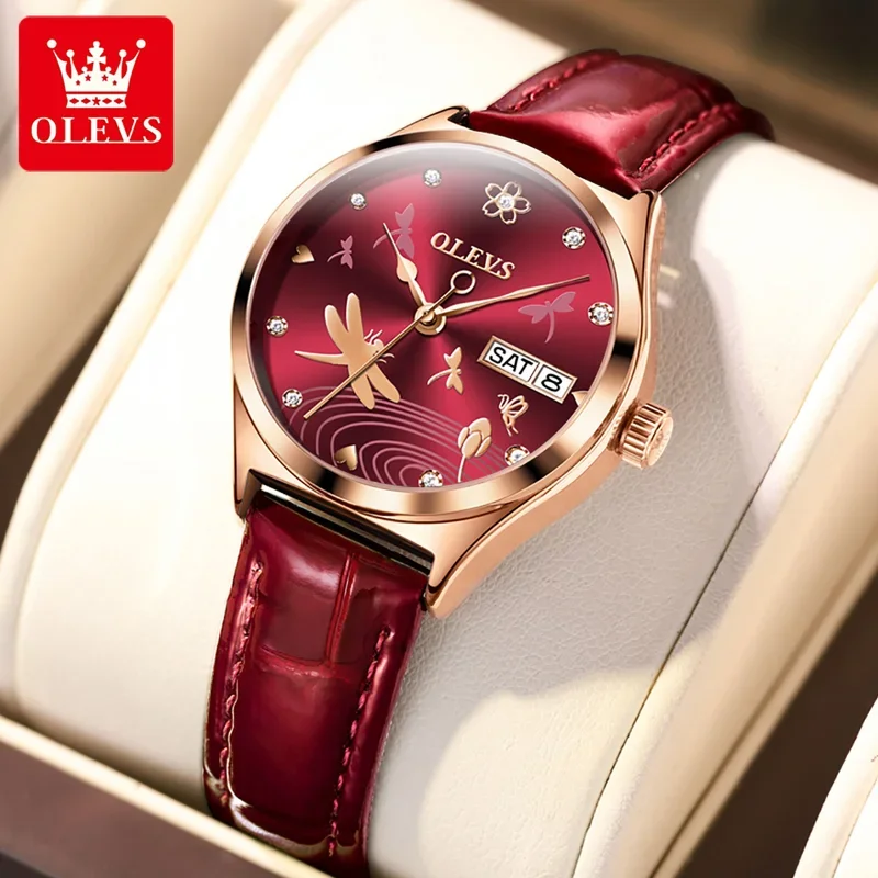 OLEVS 6611 Luxury Dragonfly Automatic Mechanical Watch Women Calendar Waterproof Ladies Watches Red Leather Strap 66