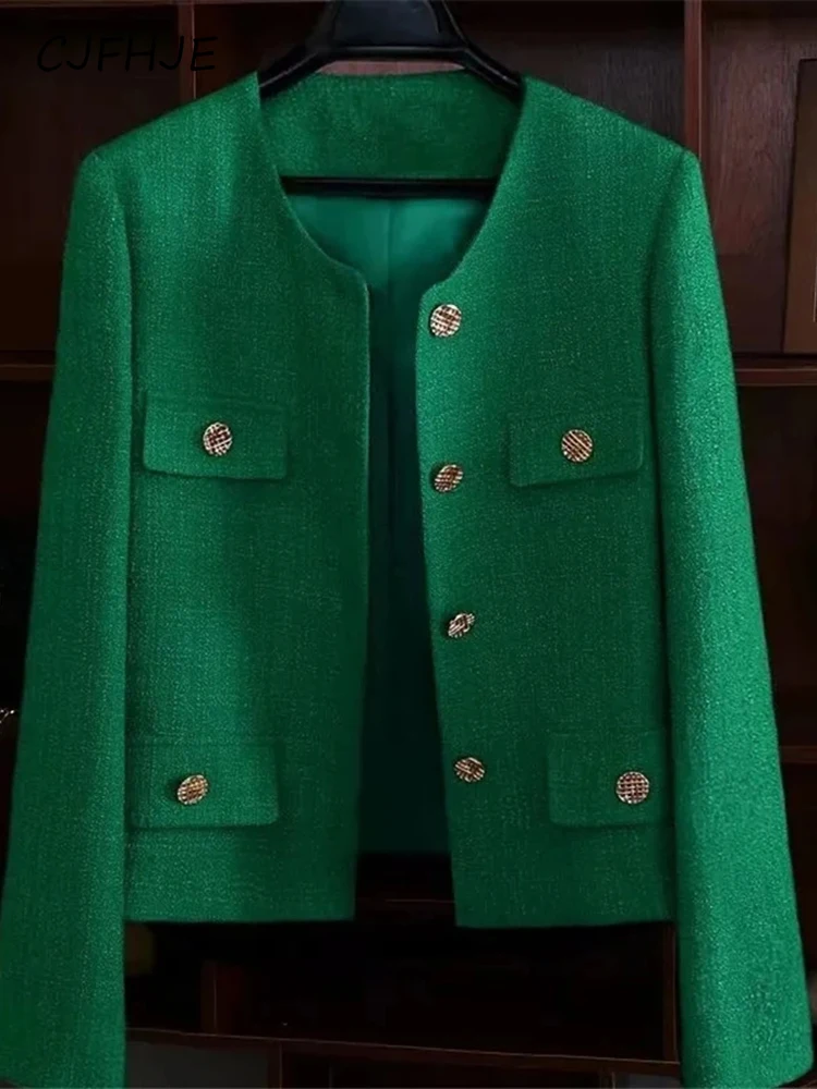 CJFHJE Classic Green Cropped Tweed giacche primavera autunno elegante cappotto sottile Luxury Streetwear Chaqueta Oversize 3XL Fashion Outwear