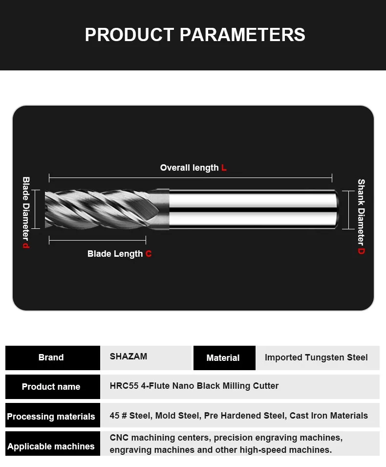 Shazam hrc55 4-flöte schwarz nano beschichtung flache fräser wolfram stahl karbid fräser cnc mechanische bearbeitung end fräser – Detail 7