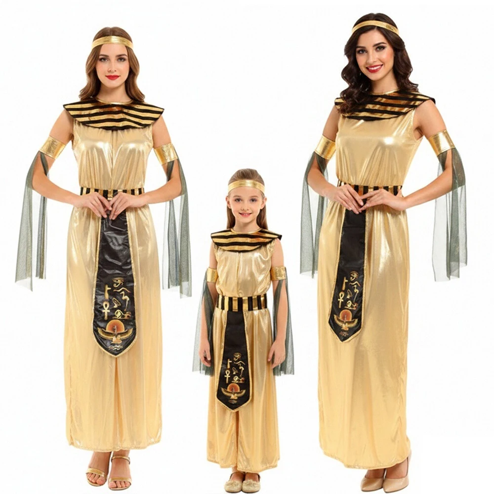 

Ancient Egyptian Cleopatra Cosplay Costume Suit Women Golden Pharaoh Goddess Dress Themed Set with Accessory for Halloween Party